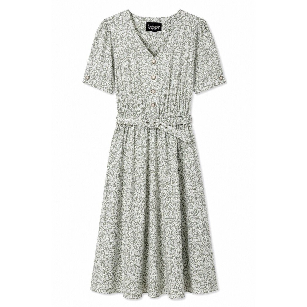 Whirlaway Frocks Vintage Women’s Short Sleeve Belted Floral Dress Green Size 10